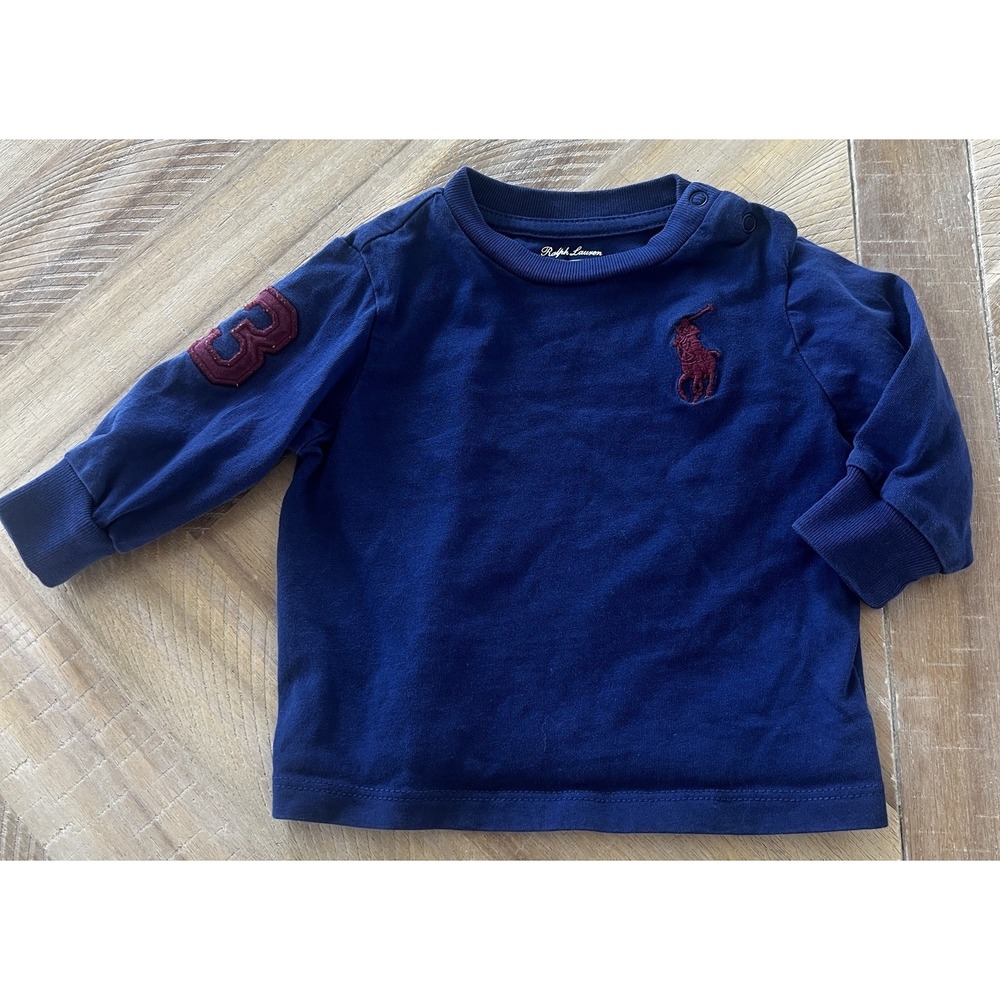 Ralph Lauren Polo‎ Baby Blue Long Sleeve Cotton Tee Size 3 Months Snap Collar